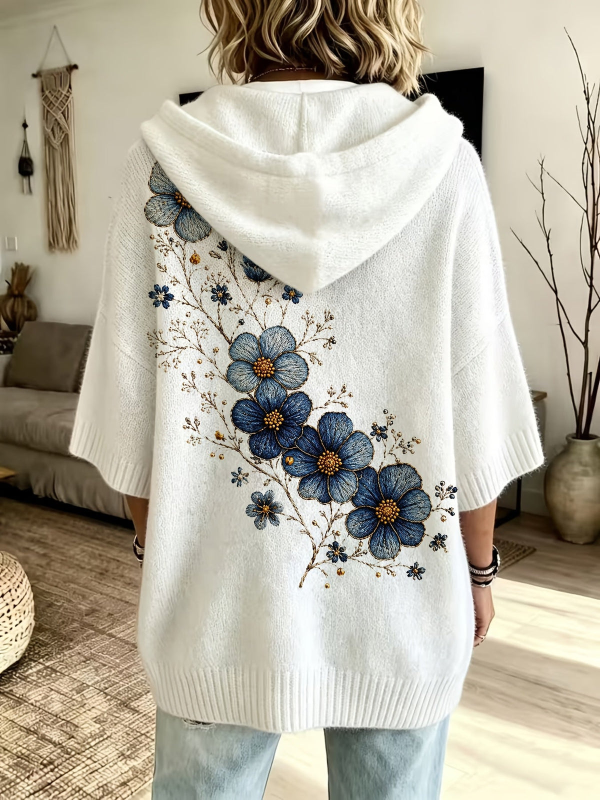Plus Size Blue and Gold Floral Print Hooded Top