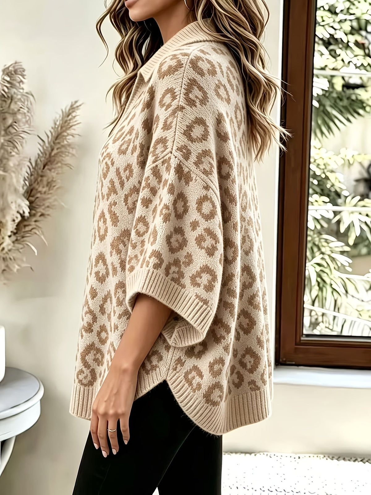 Plus Size Leopard Pattern V-Neck Jumper