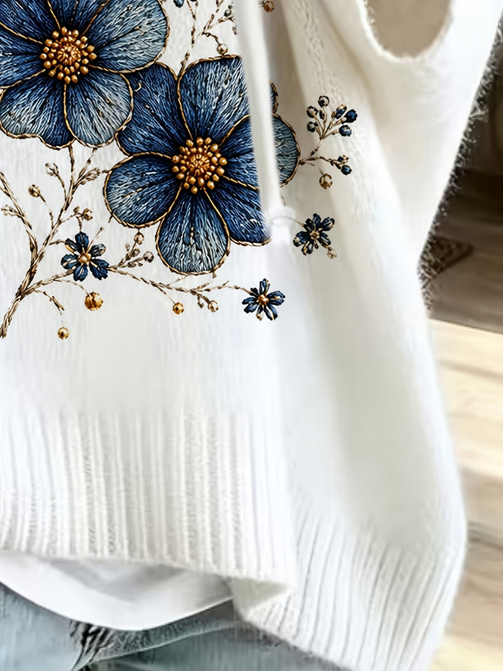 Plus Size Blue and Gold Floral Print Hooded Top