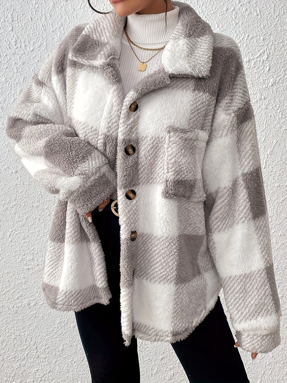Plus Size Checked Button-Front Jacket with Long Sleeves
