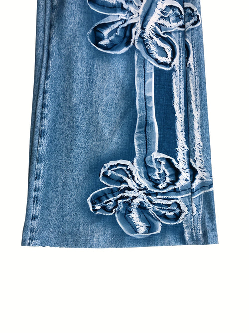 Plus Size Faux Denim Print Stretch Trousers