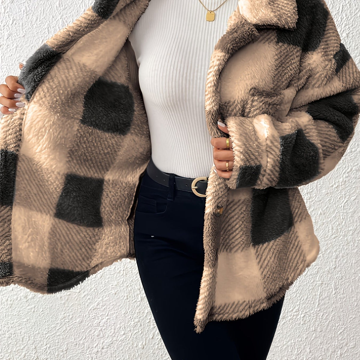 Plus Size Checked Button-Front Jacket with Long Sleeves