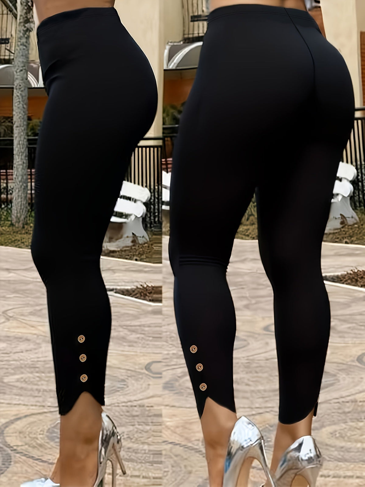 Plus Size Black Split Hem Stretch Leggings