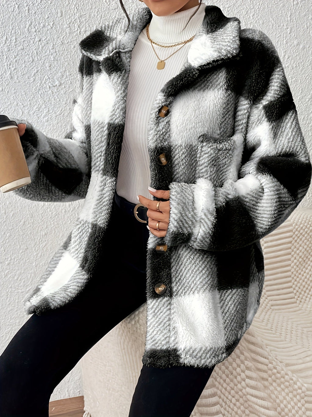 Plus Size Checked Button-Front Jacket with Long Sleeves