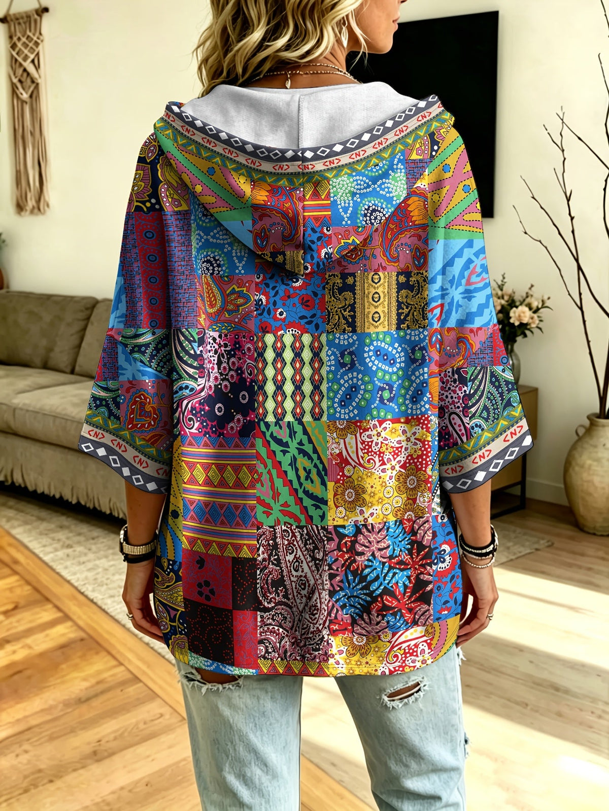 Plus Size Paisley Print Hooded Cardigan