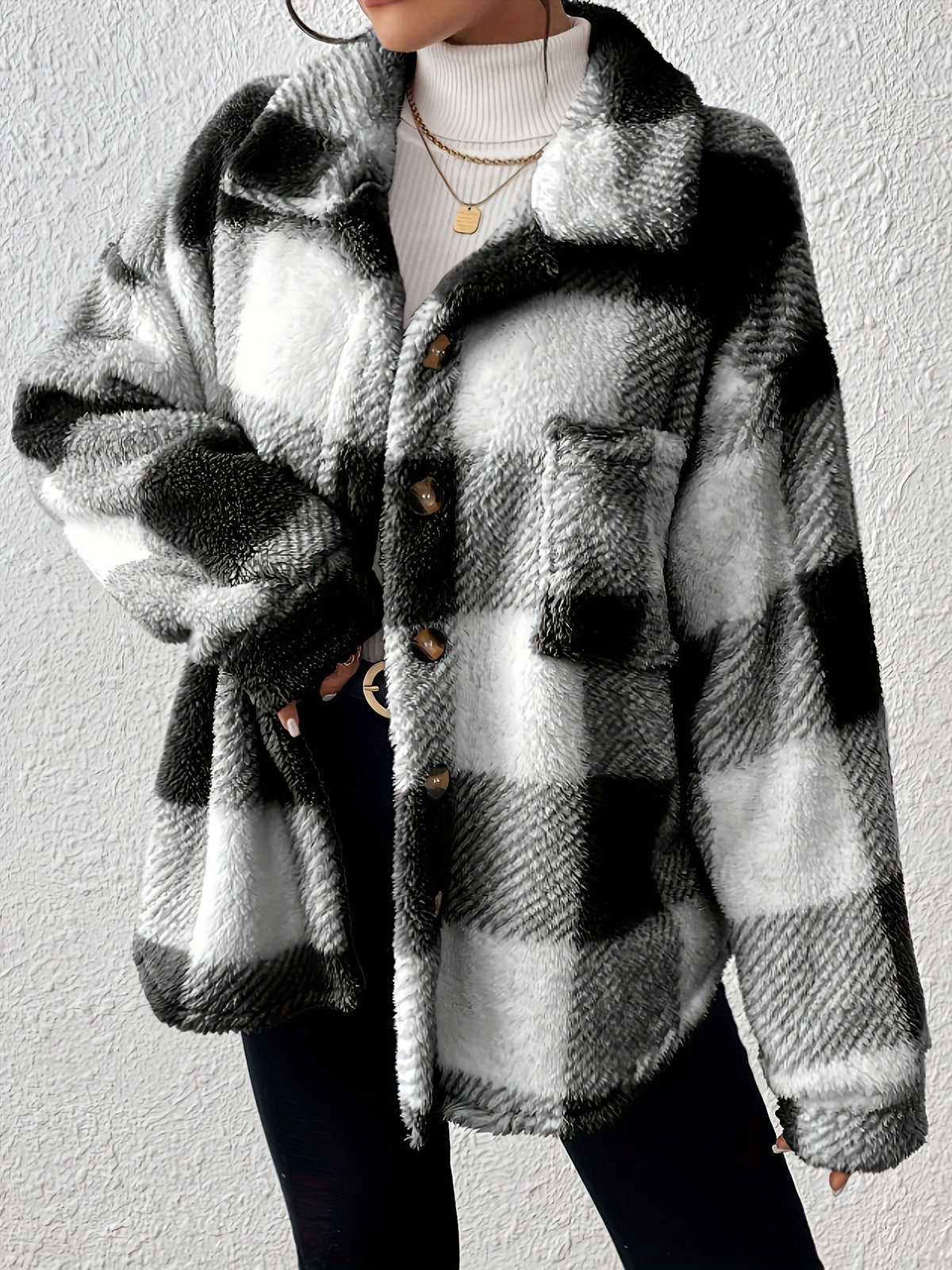 Plus Size Checked Button-Front Jacket with Long Sleeves