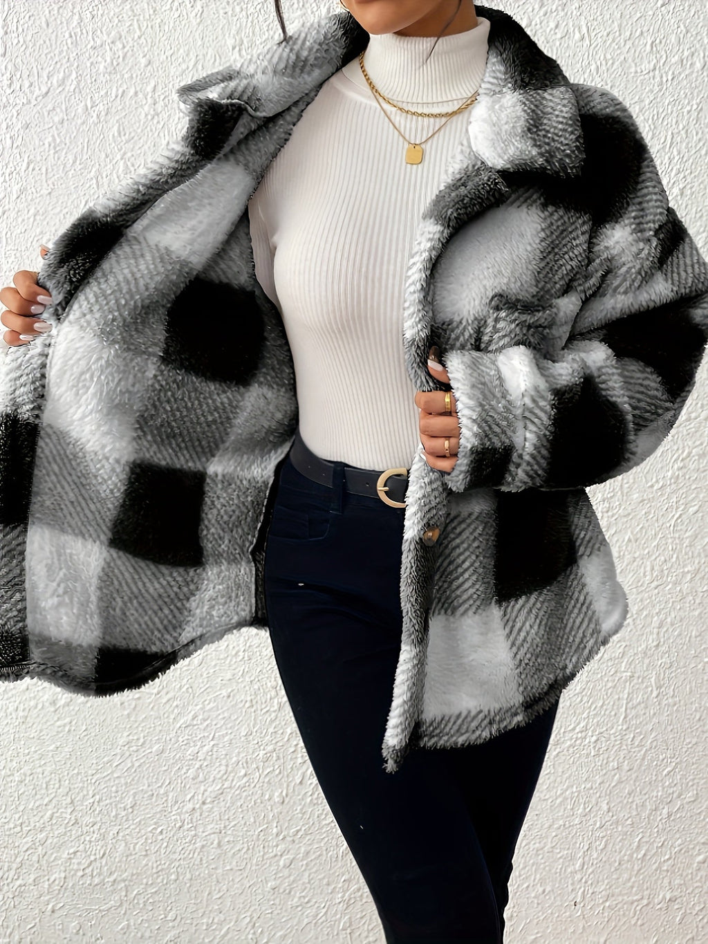 Plus Size Checked Button-Front Jacket with Long Sleeves
