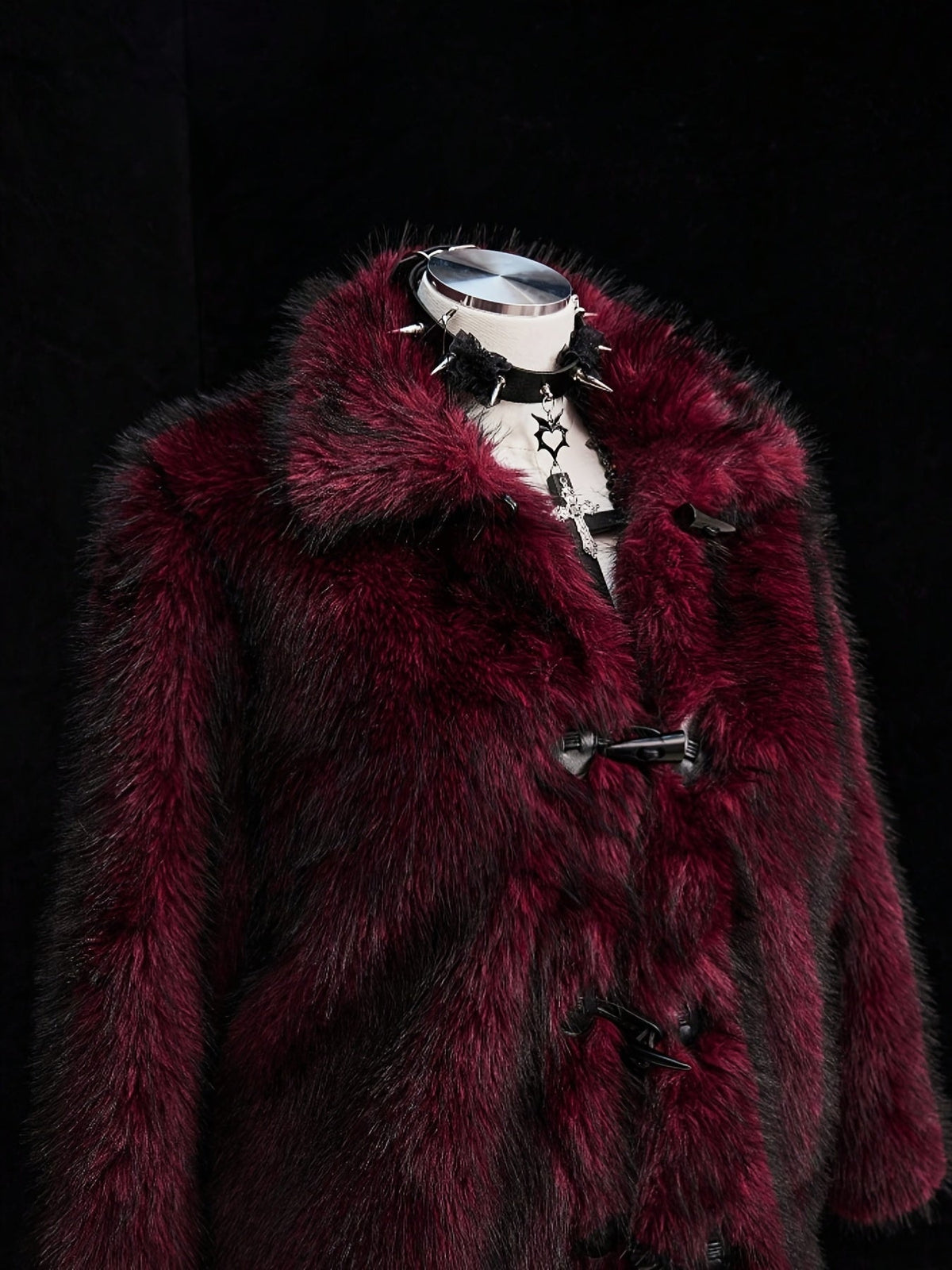 Plus Size Deep Red Faux Fur Jacket with Toggle Fastenings