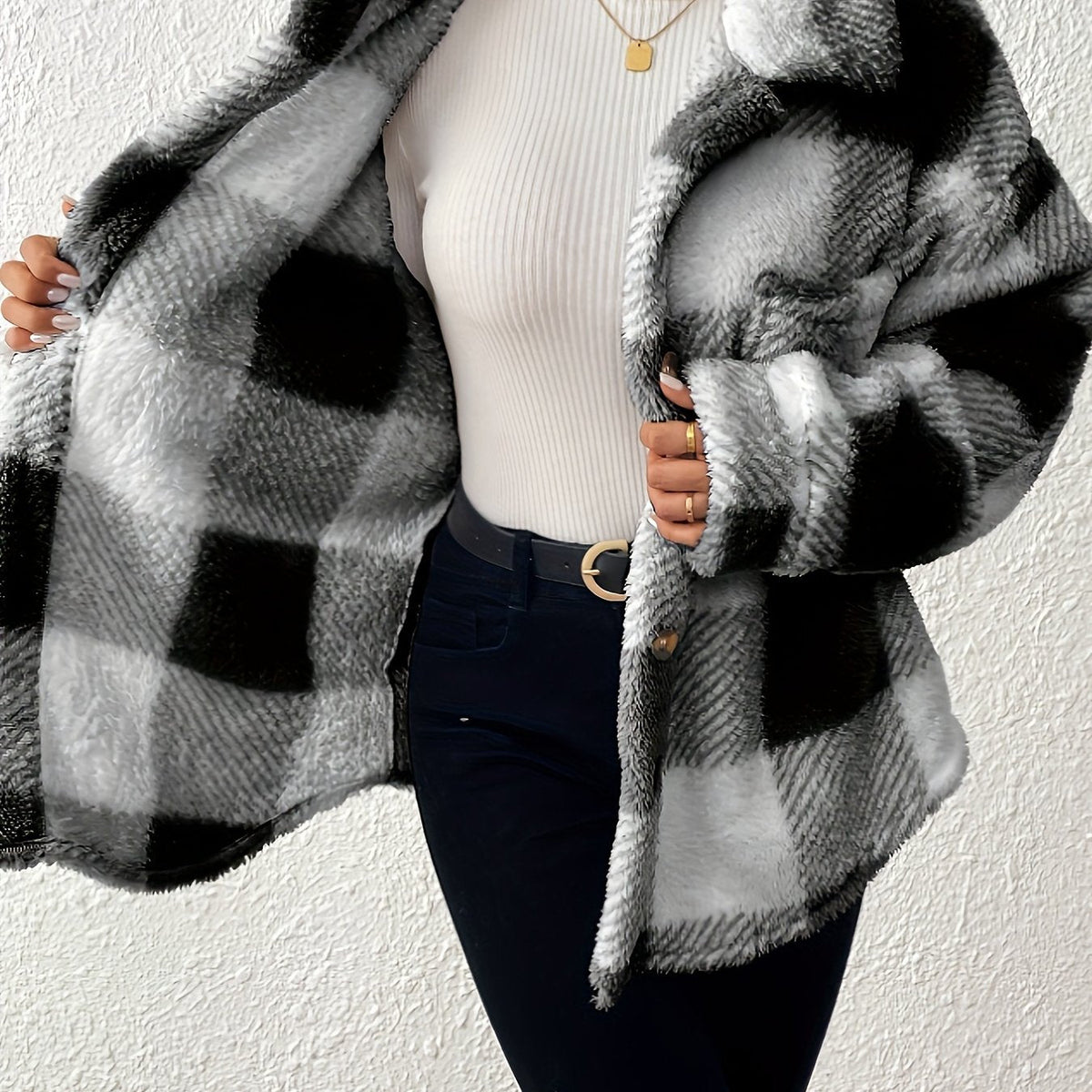 Plus Size Checked Button-Front Jacket with Long Sleeves