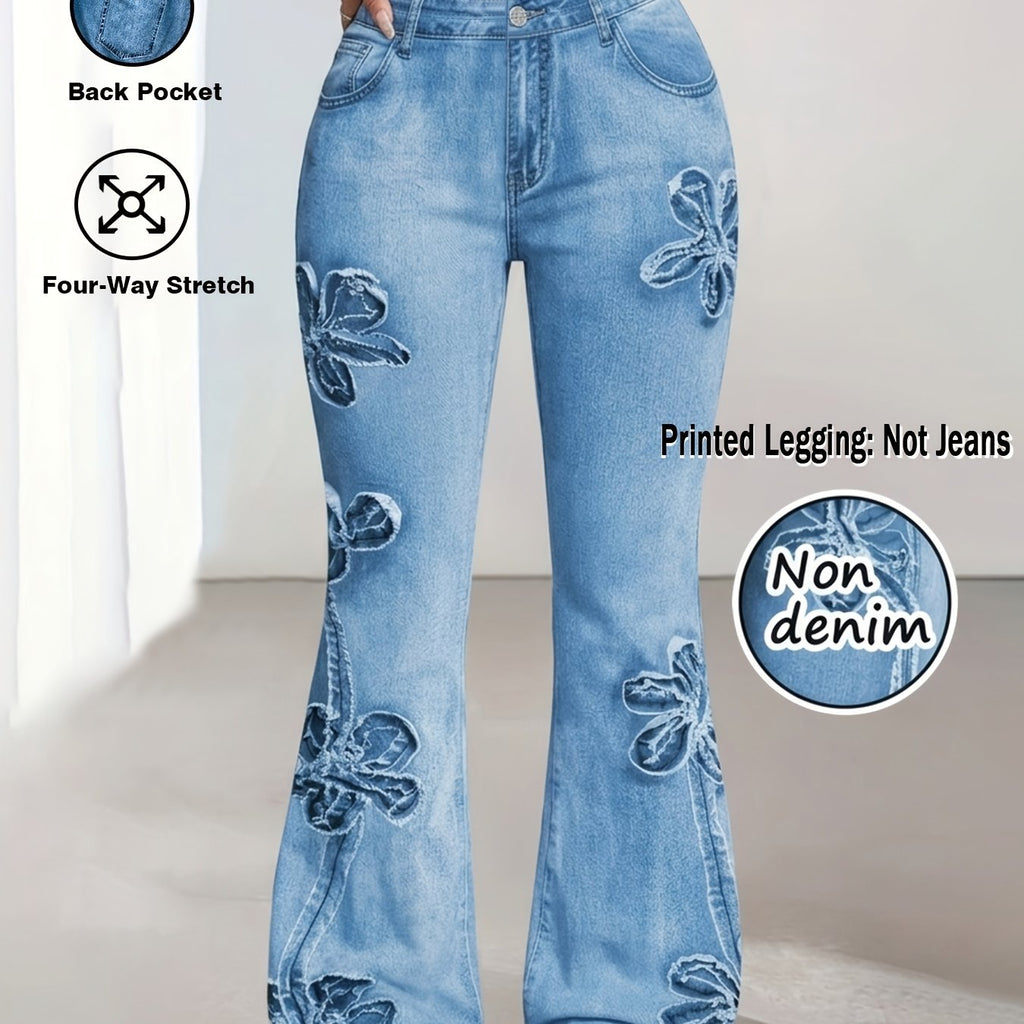 Plus Size Faux Denim Print Stretch Trousers