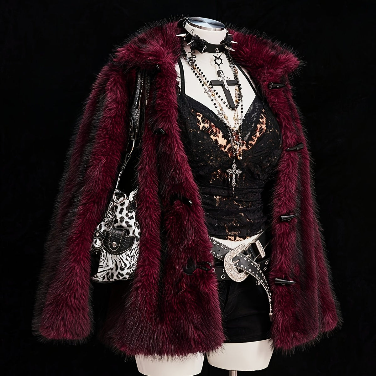 Plus Size Deep Red Faux Fur Jacket with Toggle Fastenings