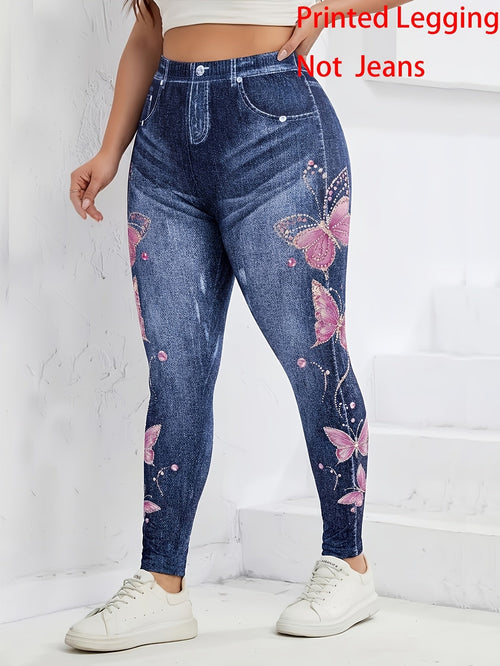 Plus Size Butterfly Print Faux Denim Leggings