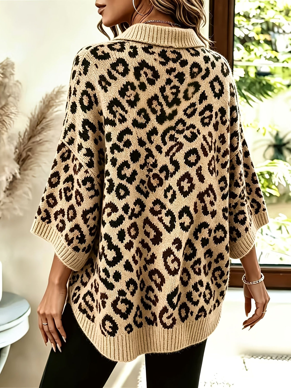 Plus Size Leopard Pattern V-Neck Jumper