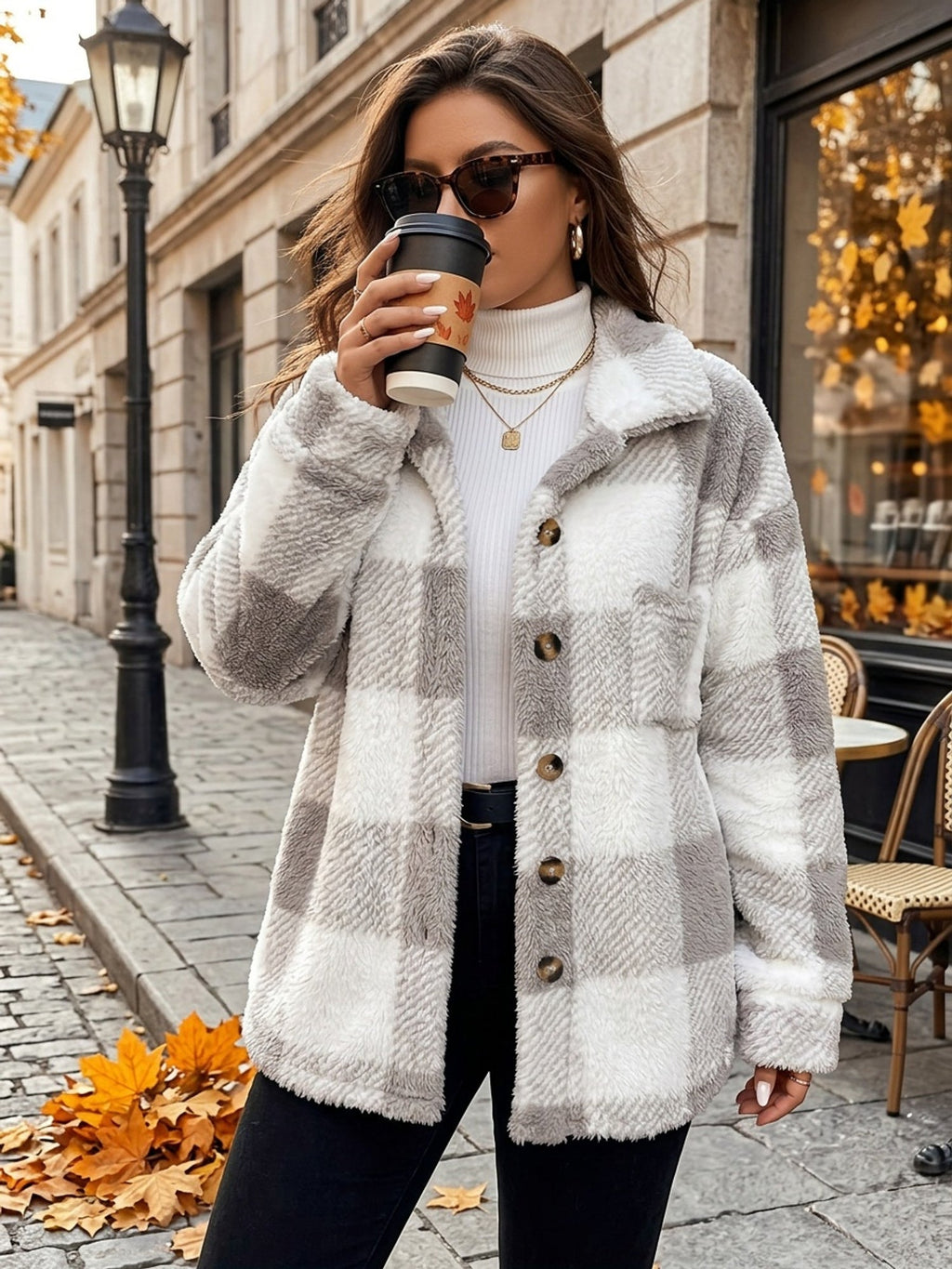 Plus Size Checked Button-Front Jacket with Long Sleeves