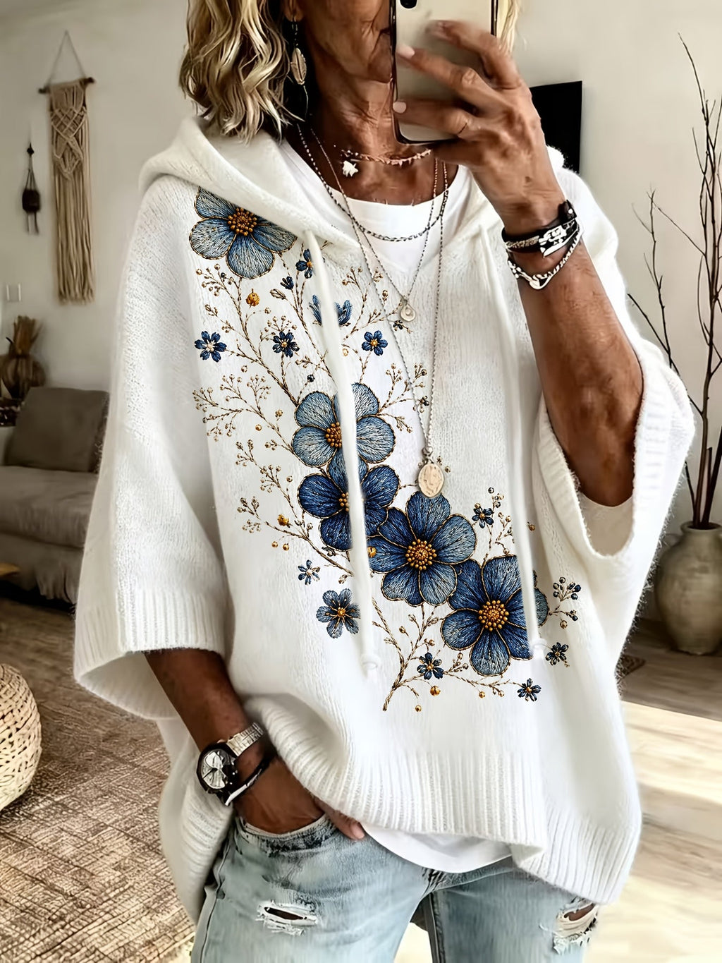 Plus Size Blue and Gold Floral Print Hooded Top