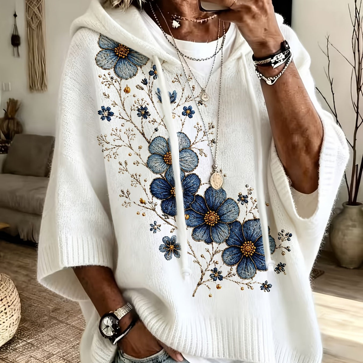 Plus Size Blue and Gold Floral Print Hooded Top