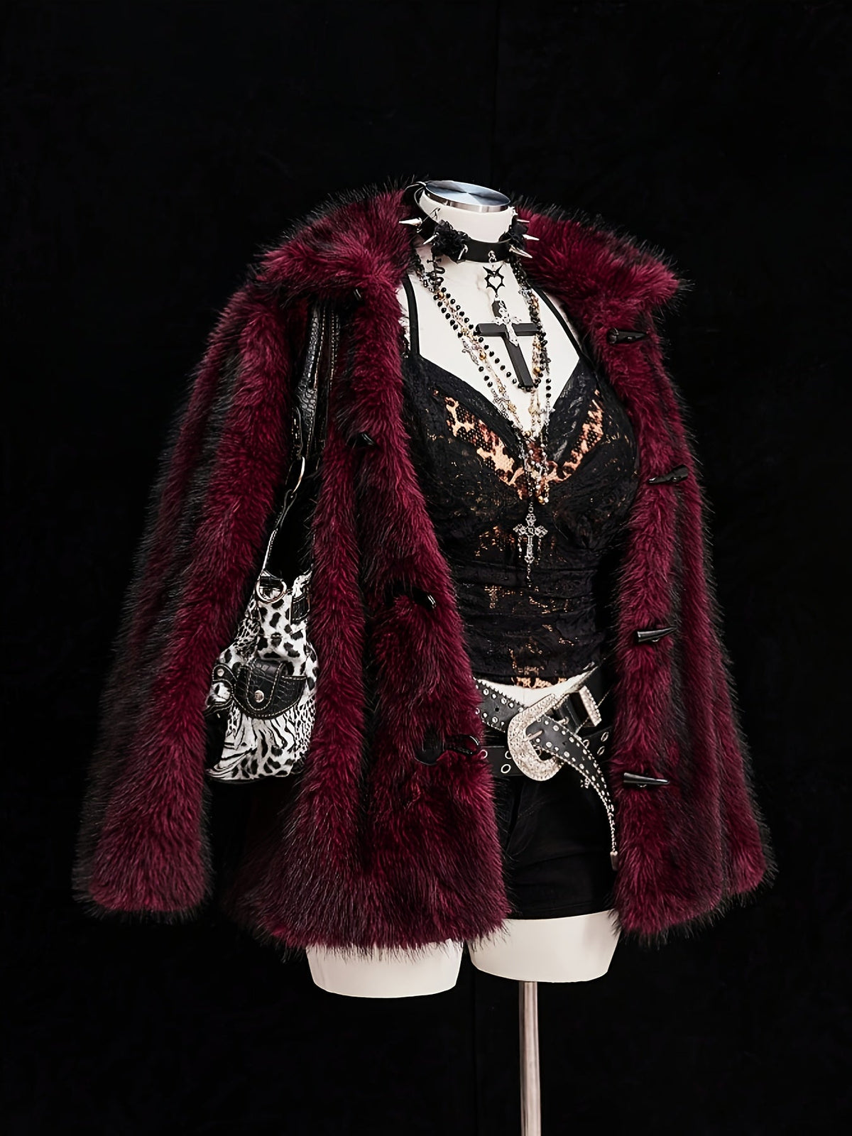 Plus Size Deep Red Faux Fur Jacket with Toggle Fastenings